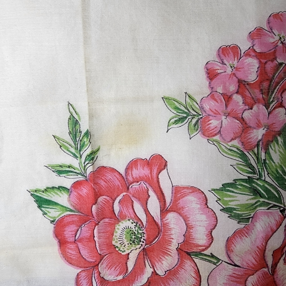 Blue Border Red Pink Floral handkerchief Hanky Partial Scalloped Border - Picture 5 of 5